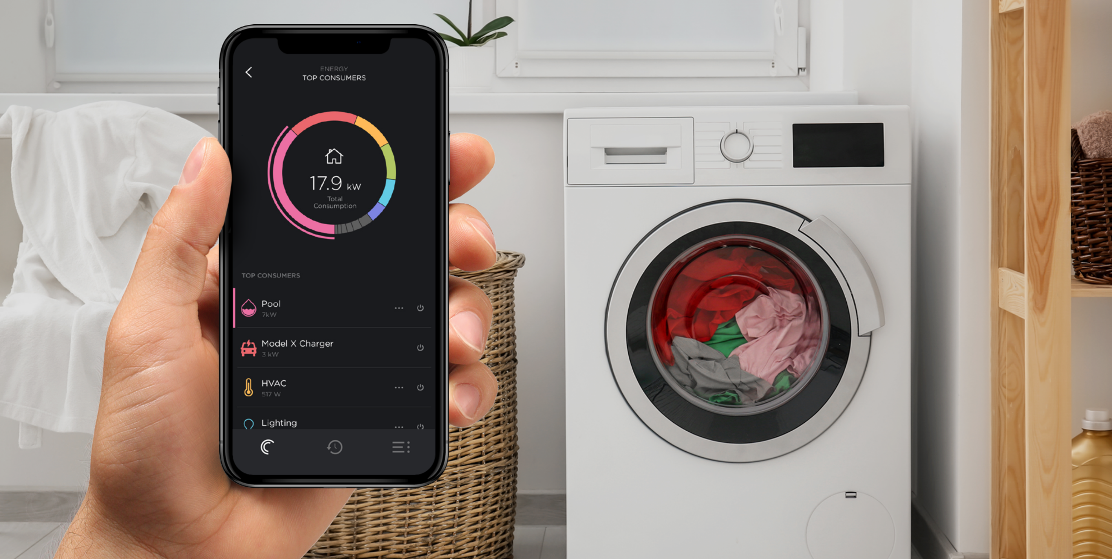Someone using a mobile application to monitor their appliance's energy consumption